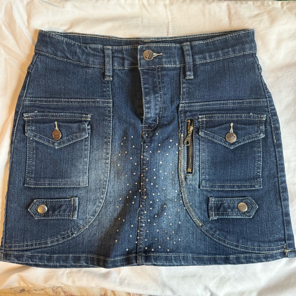 dark wash studded denim mini skirt